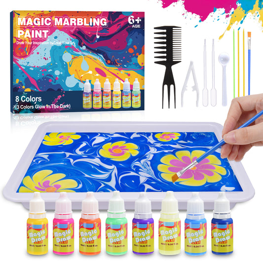 Glow Water Marbling Paint Kit, Painting Craft Kits for Kids Age 6-8, Gifts for 6 7 8 9 10-12 Year Old Boys Girls, Birthday Gift Ideas