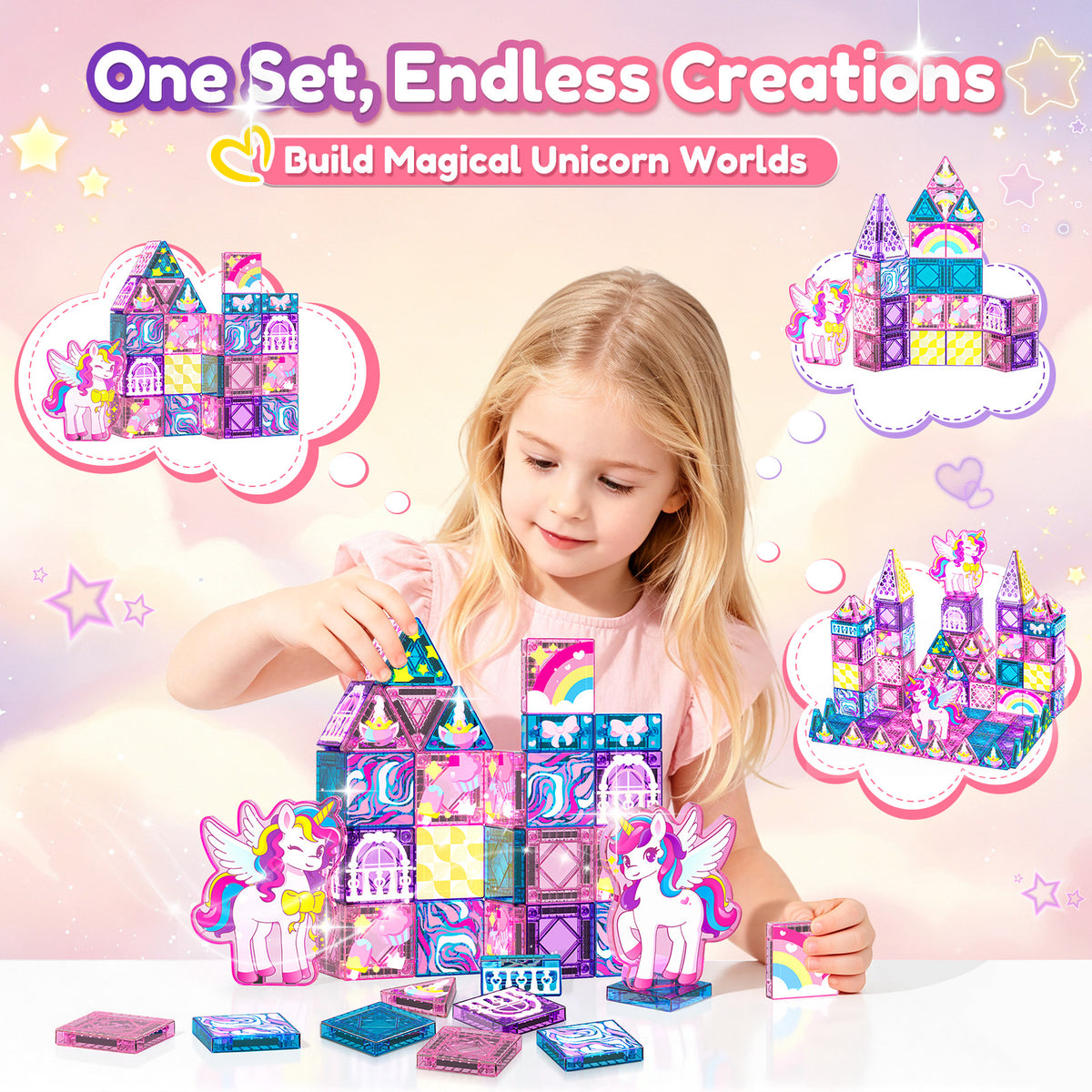 Travel Magnetic Tiles Set Unicorn Theme, 40 Pcs STEM Building Toys for Kids Ages 3-8, Unicorn Toy Gifts