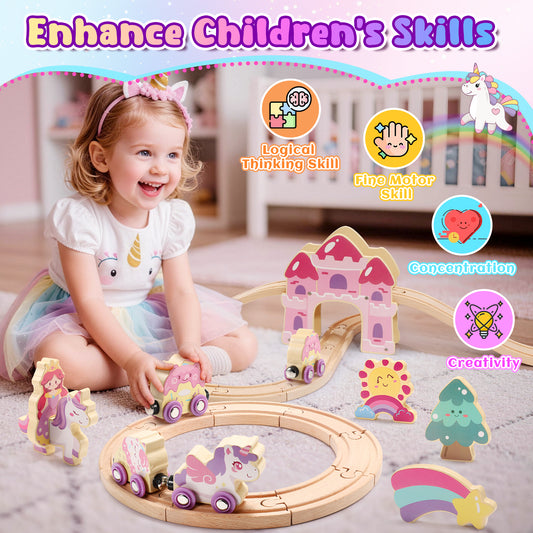 Wooden Train Set for Toddlers 2-4, Unicorn Toys for Girls Age 3 4 5 6, Girl Rack Track Car