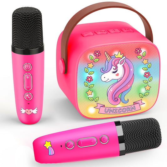 Mini Karaoke Machine for Kids, Birthday Gifts for 3 4 5 6 7 8 9 10 Year Old Girls, 2 Wireless Karaoke Microphones for Kids