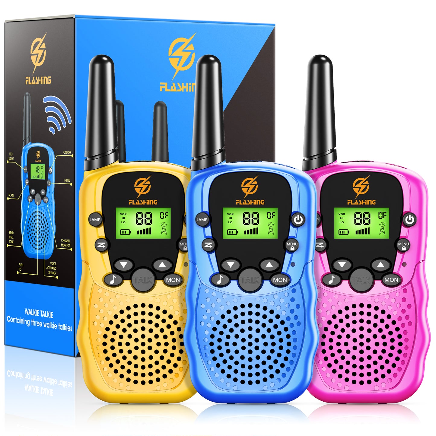 Kids Walkie Talkies 3 Packs, 2 Way Radio, 3 KM Long Range, 22 Channels Indoor Outdoor Toy for Boys