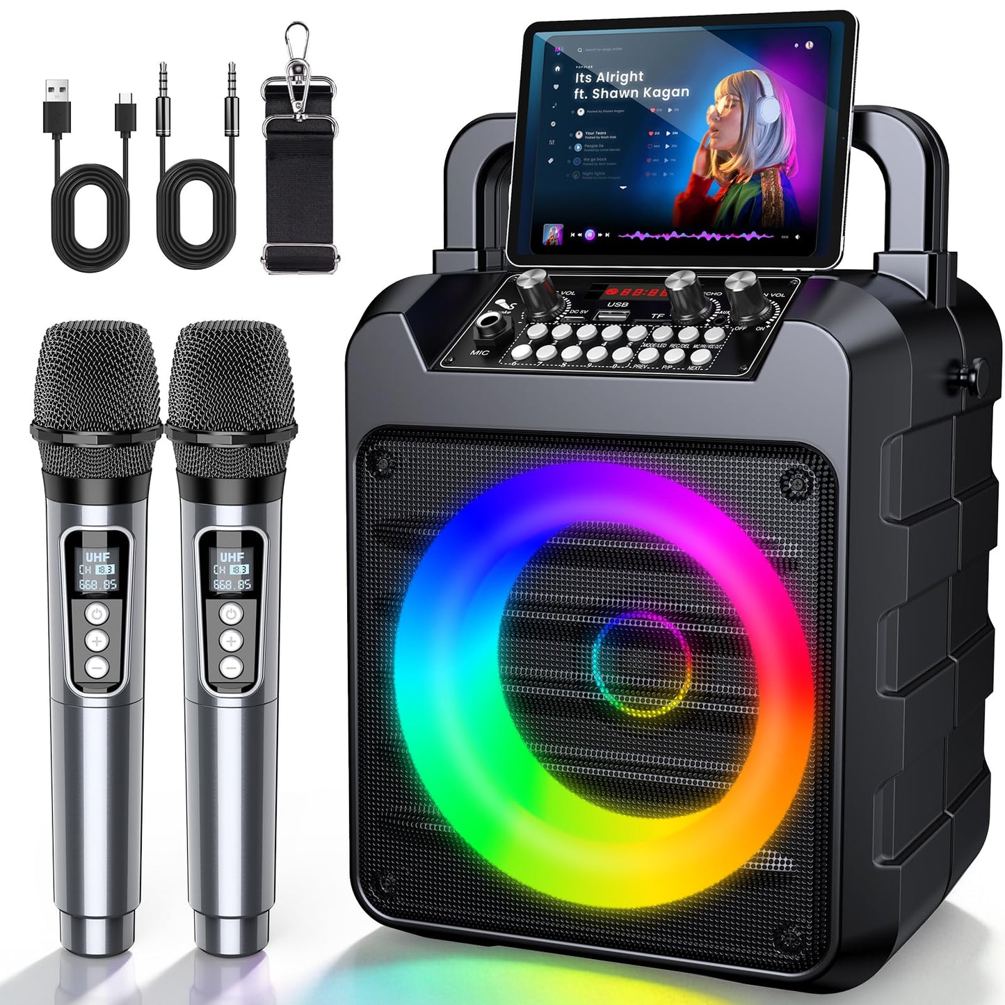 Karaoke Machine for Adults, 20 W Portable Wireless Speaker with 2 Wireless Microphones