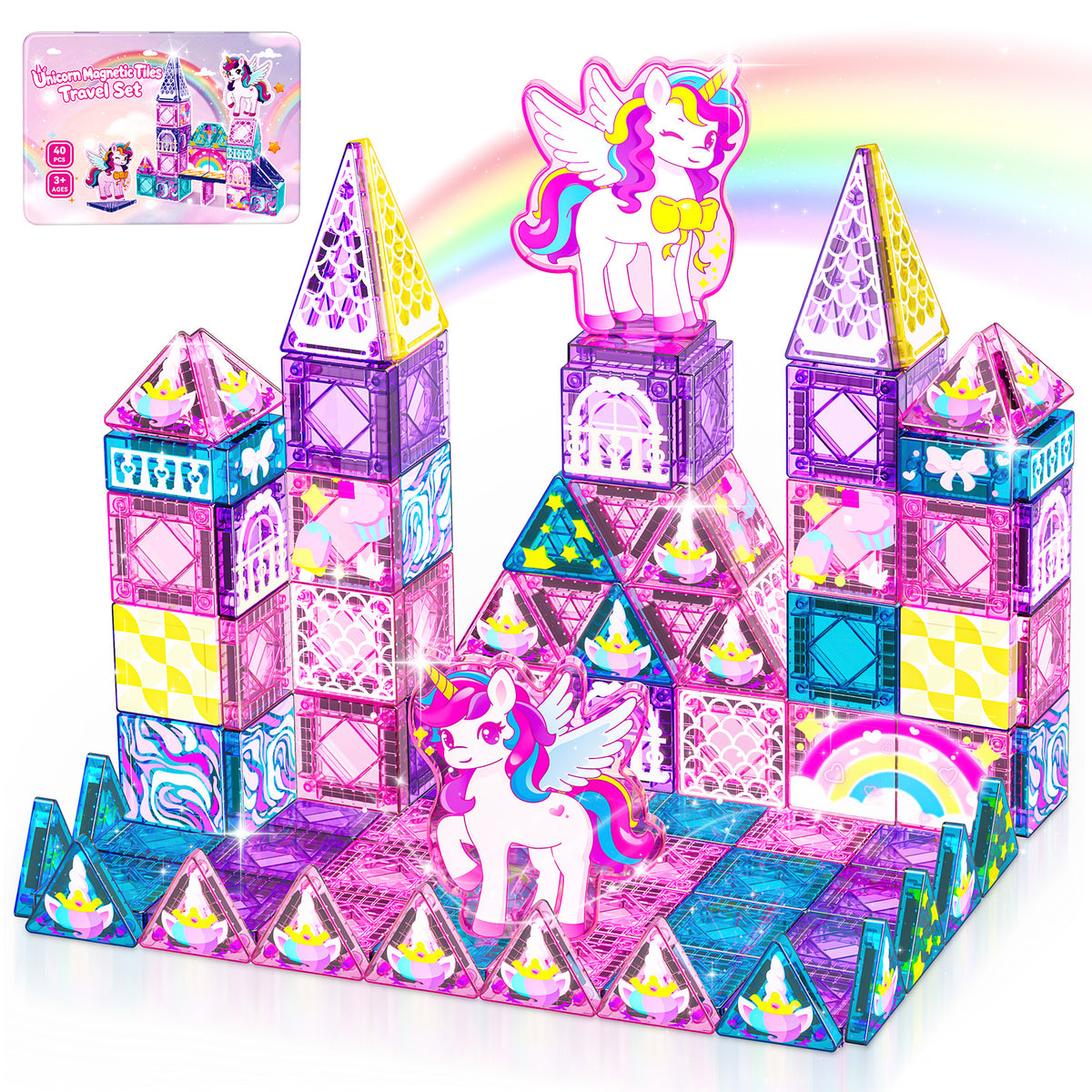 Travel Magnetic Tiles Set Unicorn Theme, 40 Pcs STEM Building Toys for Kids Ages 3-8, Unicorn Toy Gifts