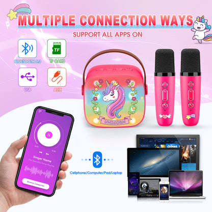 Mini Karaoke Machine for Kids, Birthday Gifts for 3 4 5 6 7 8 9 10 Year Old Girls, 2 Wireless Karaoke Microphones for Kids