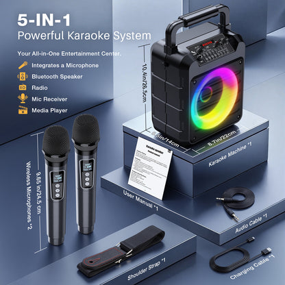 Karaoke Machine for Adults, 20 W Portable Wireless Speaker with 2 Wireless Microphones