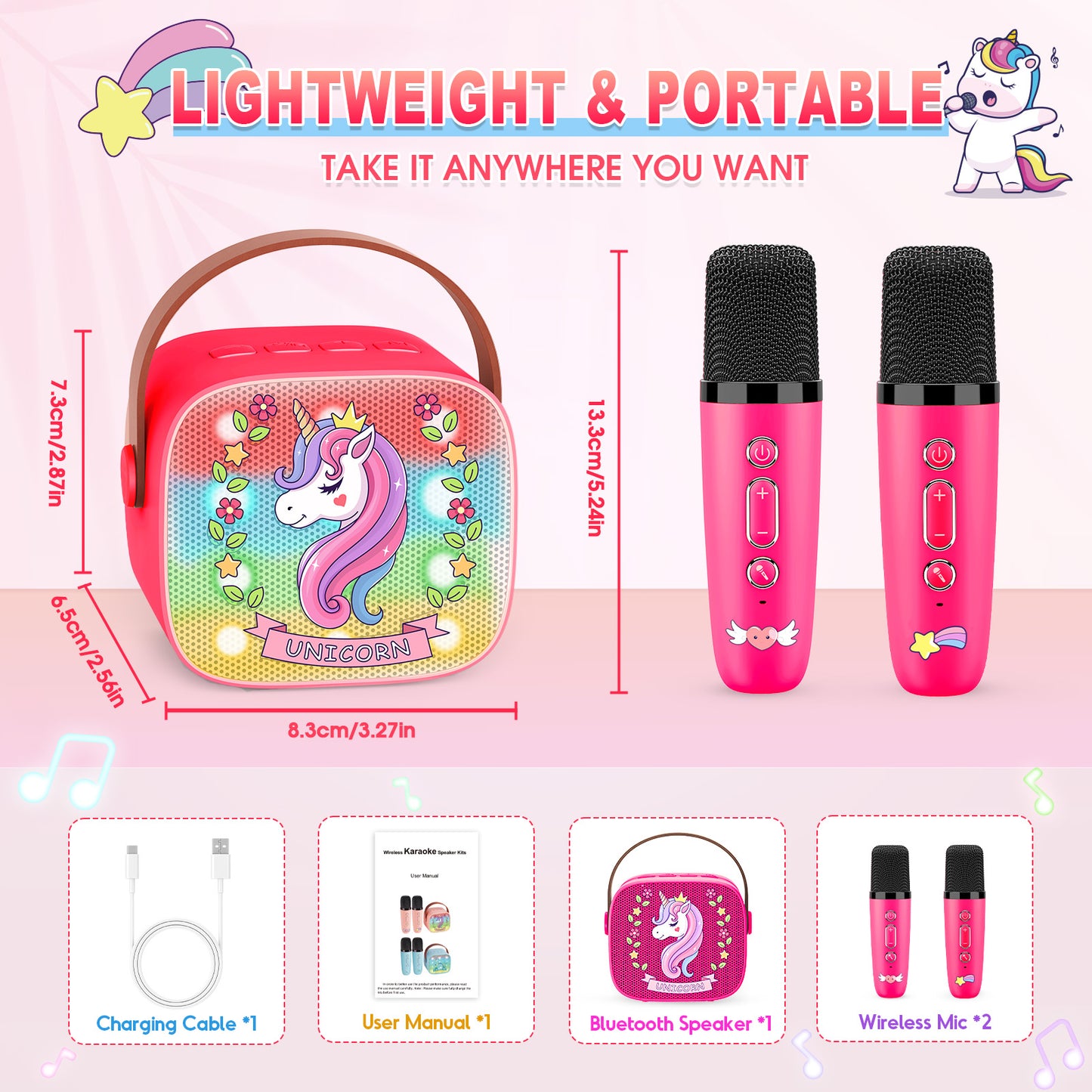 Mini Karaoke Machine for Kids, Birthday Gifts for 3 4 5 6 7 8 9 10 Year Old Girls, 2 Wireless Karaoke Microphones for Kids