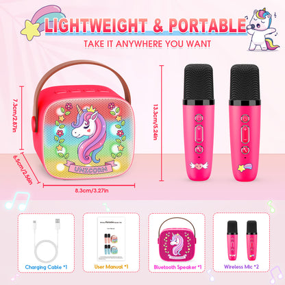 Mini Karaoke Machine for Kids, Birthday Gifts for 3 4 5 6 7 8 9 10 Year Old Girls, 2 Wireless Karaoke Microphones for Kids