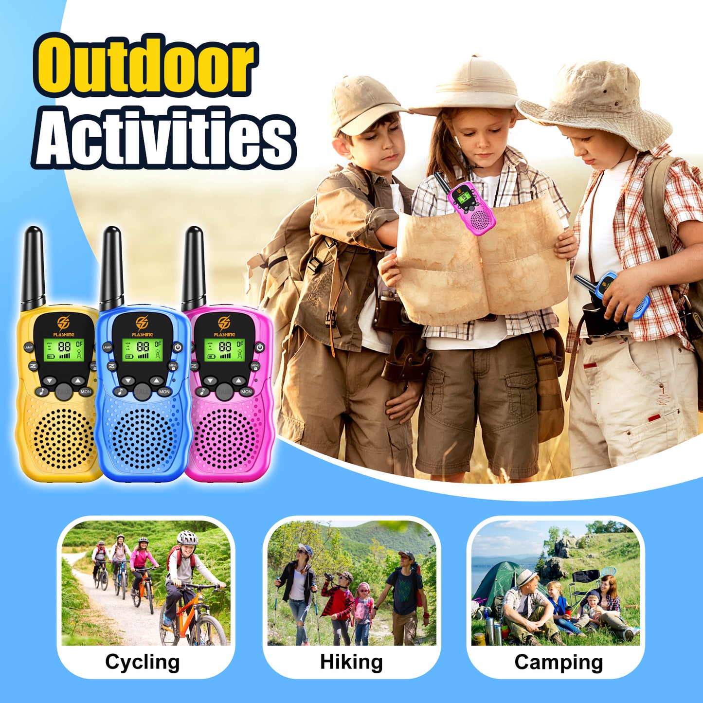 Kids Walkie Talkies 3 Packs, 2 Way Radio, 3 KM Long Range, 22 Channels Indoor Outdoor Toy for Boys