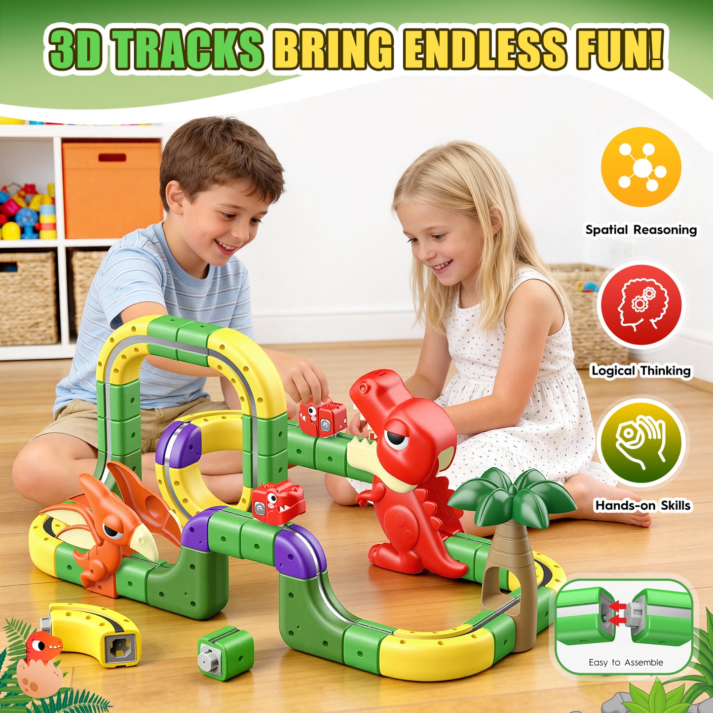 115 Pcs Magnetic Car Track Set, Dinosaur Toys for Kids Age 3-12, Train Toys Track Race Car
