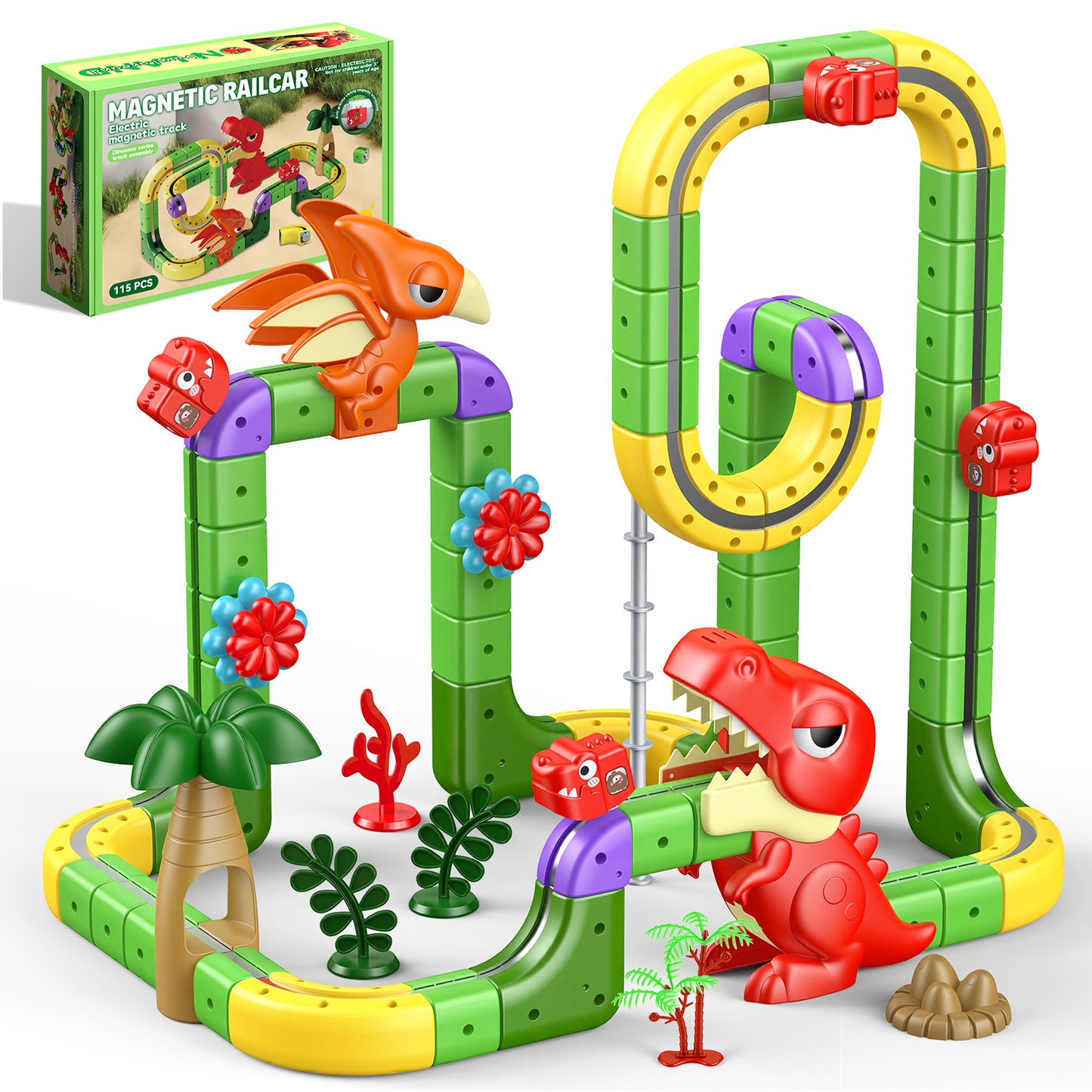 115 Pcs Magnetic Car Track Set, Dinosaur Toys for Kids Age 3-12, Train Toys Track Race Car