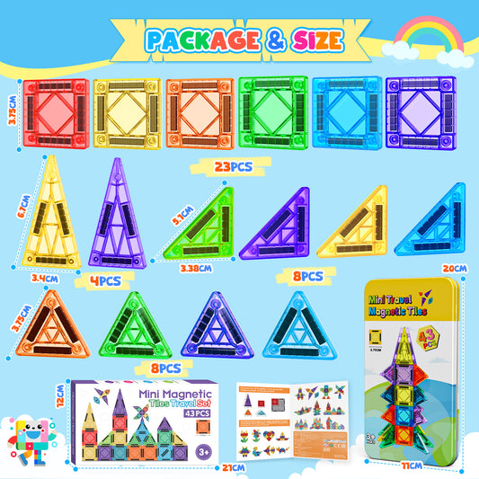Magnetic Tiles Travel Set for Kids, 43 Pcs STEM Building Toys for Kids