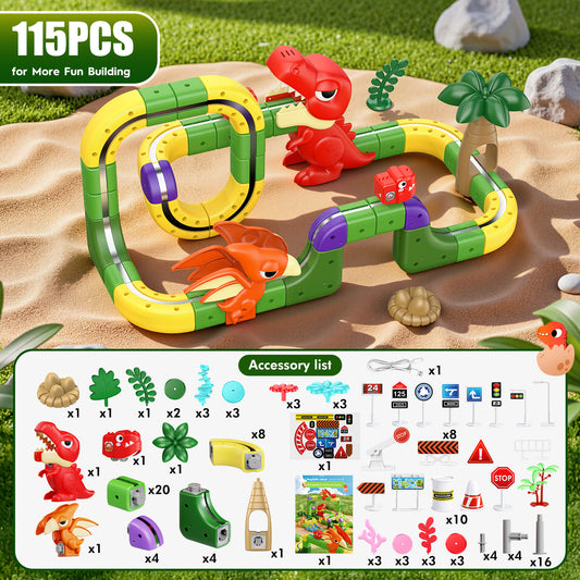 115 Pcs Magnetic Car Track Set, Dinosaur Toys for Kids Age 3-12, Train Toys Track Race Car