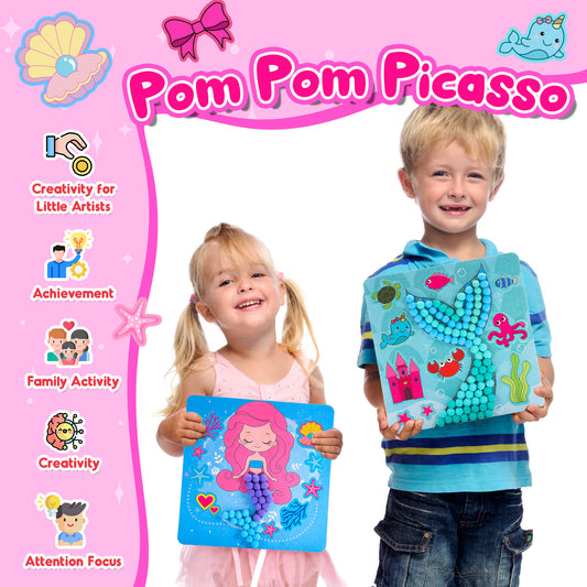 Craft Kits for Kids Girls Ages 3 4 5 6, DIY Mermaid Crafts with Pom Pom Balls, Fine Motor Skills Toys, Gifts for 3 4 5 6 Year Old Girls