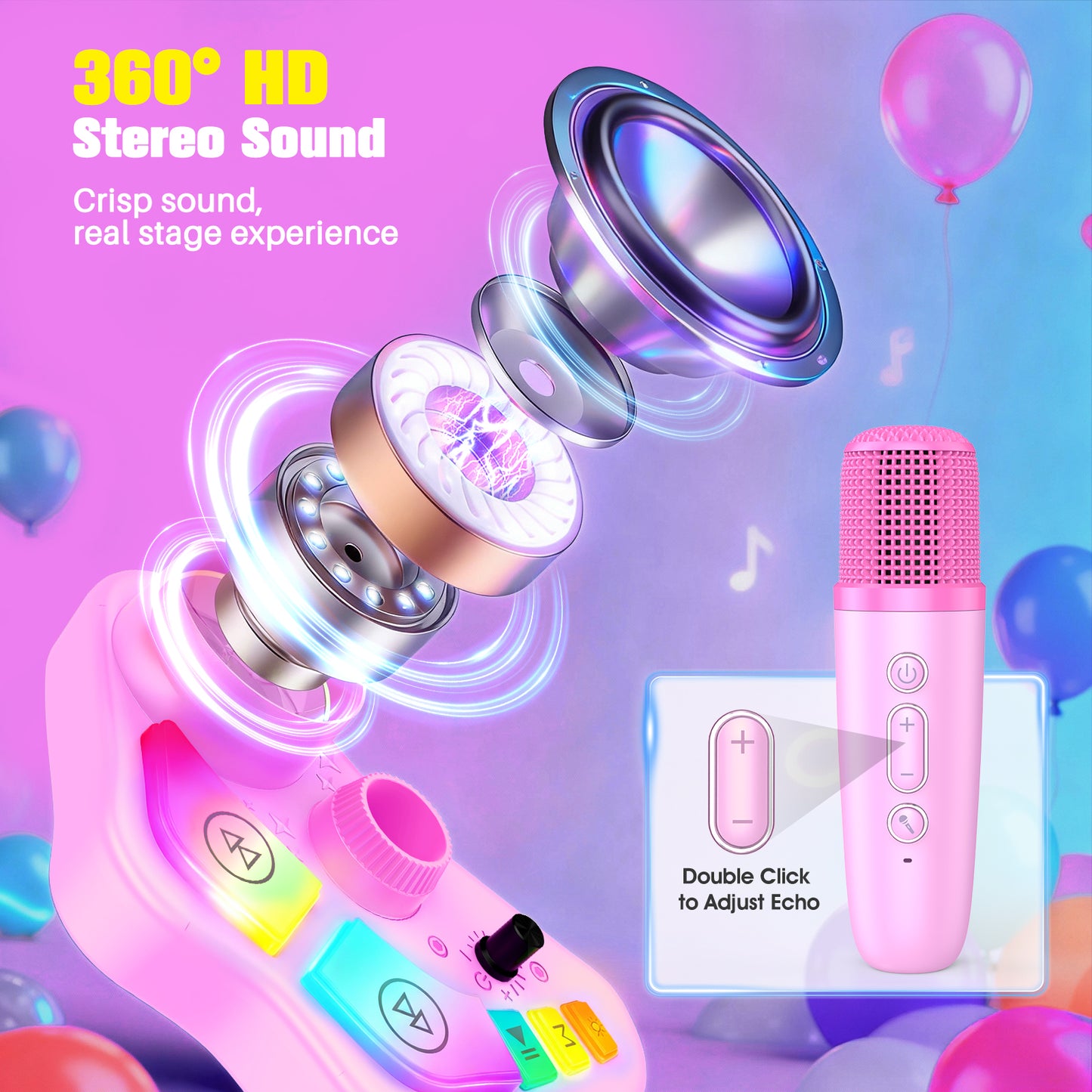 Bluetooth Karaoke Machine with Adjustable Stand, Karaoke Microphone for Kids, Gift for 3-8 Year Old Boys Girls for Birthday Christmas