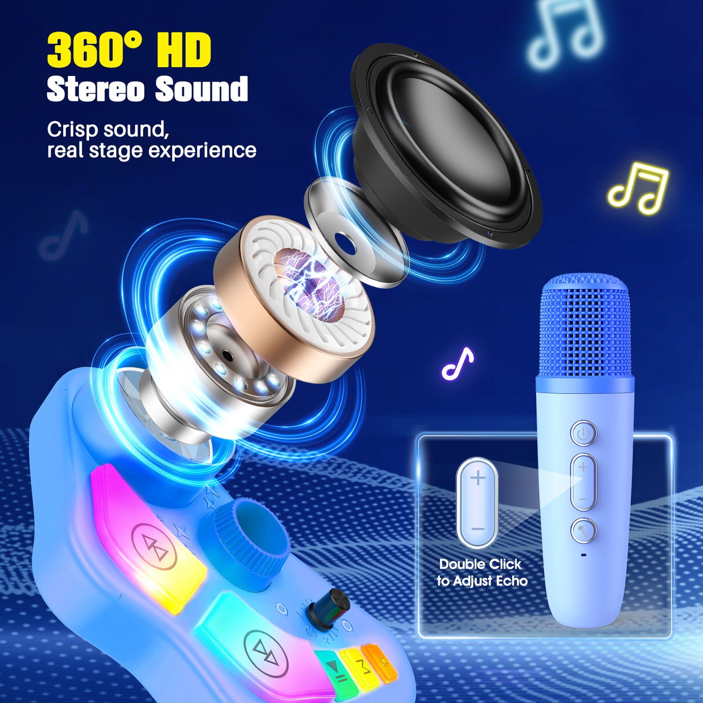 Bluetooth Karaoke Machine with Adjustable Stand, Karaoke Microphone for Kids, Gift for 3-8 Year Old Boys Girls for Birthday Christmas