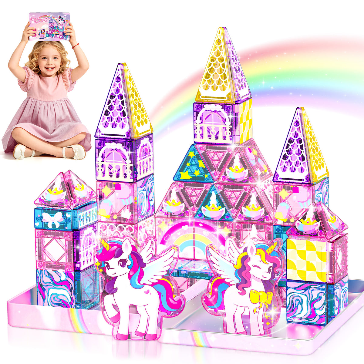 Travel Magnetic Tiles Set Unicorn Theme, 40 Pcs STEM Building Toys for Kids Ages 3-8, Unicorn Toy Gifts