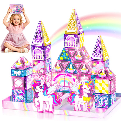 Travel Magnetic Tiles Set Unicorn Theme, 40 Pcs STEM Building Toys for Kids Ages 3-8, Unicorn Toy Gifts