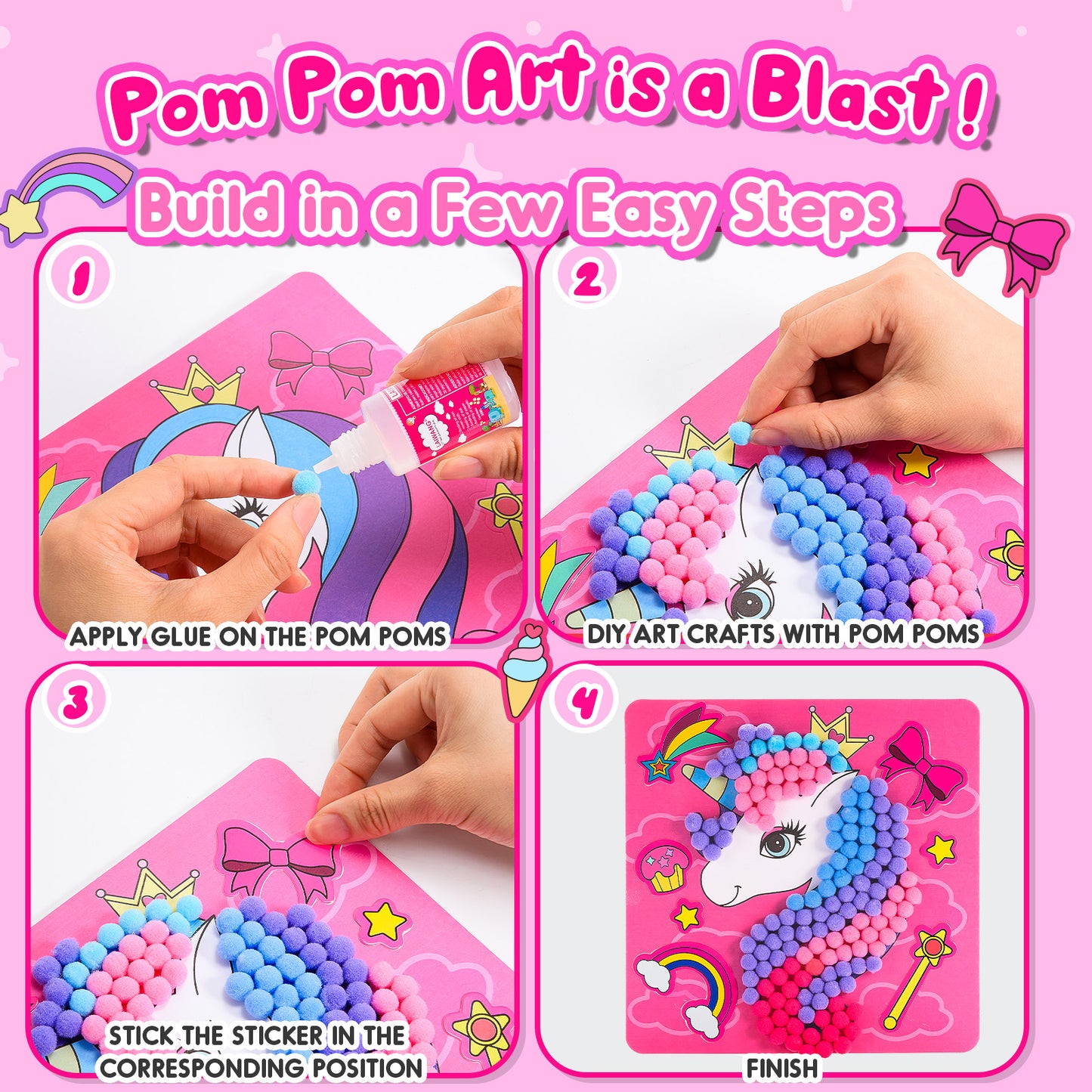 Craft Kits for Kids Girls Ages 3 4 5 6, DIY Unicorn Crafts with Pom Pom Balls, Fine Motor Skills Toys Gifts for 3-6 Year Old Girls