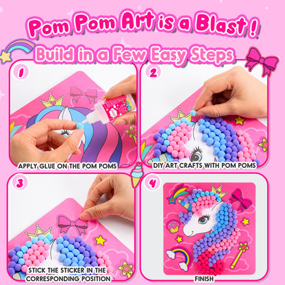 Craft Kits for Kids Girls Ages 3 4 5 6, DIY Unicorn Crafts with Pom Pom Balls, Fine Motor Skills Toys Gifts for 3-6 Year Old Girls