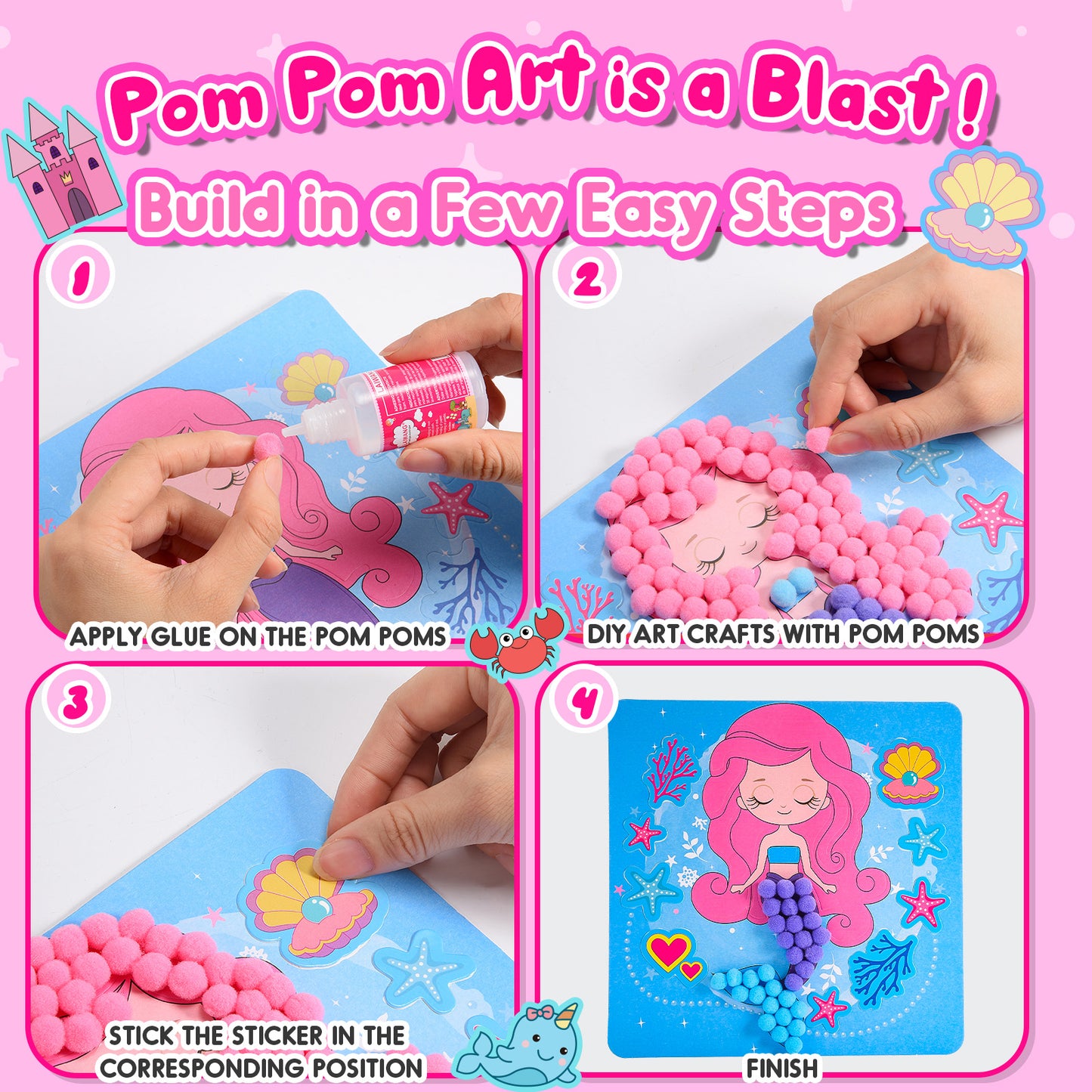Craft Kits for Kids Girls Ages 3 4 5 6, DIY Mermaid Crafts with Pom Pom Balls, Fine Motor Skills Toys, Gifts for 3 4 5 6 Year Old Girls
