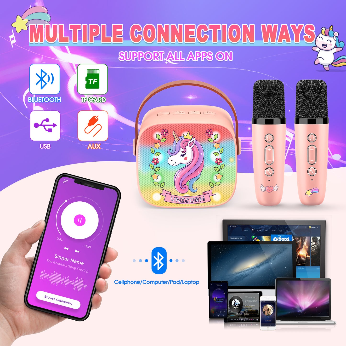 Mini Karaoke Machine for Kids, Birthday Gifts for 3 4 5 6 7 8 9 10 Year Old Girls, 2 Karaoke Microphones for Kids,Bluetooth Speaker, Gifts for Girls