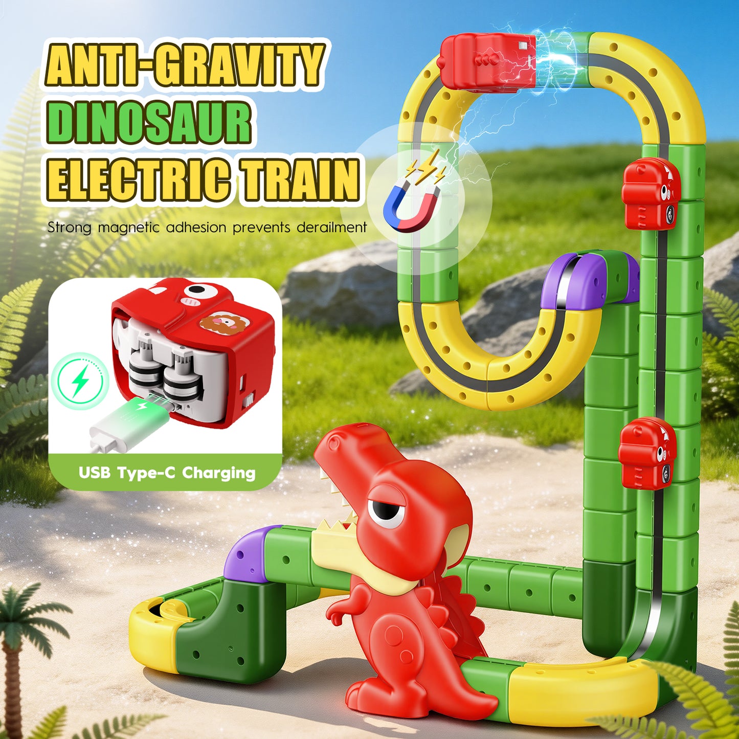 115 Pcs Magnetic Car Track Set, Dinosaur Toys for Kids Age 3-12, Train Toys Track Race Car