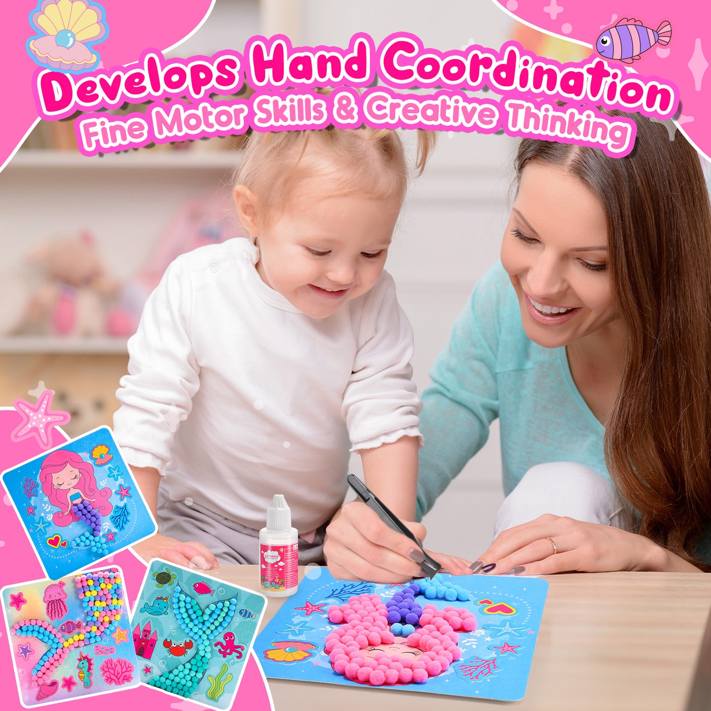 Craft Kits for Kids Girls Ages 3 4 5 6, DIY Mermaid Crafts with Pom Pom Balls, Fine Motor Skills Toys, Gifts for 3 4 5 6 Year Old Girls
