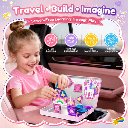 Travel Magnetic Tiles Set Unicorn Theme, 40 Pcs STEM Building Toys for Kids Ages 3-8, Unicorn Toy Gifts