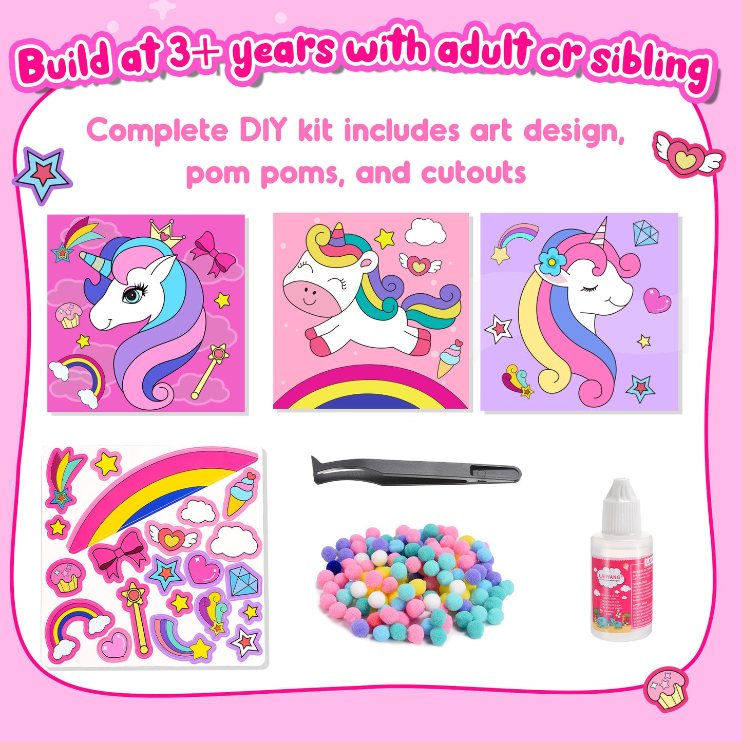 Craft Kits for Kids Girls Ages 3 4 5 6, DIY Unicorn Crafts with Pom Pom Balls, Fine Motor Skills Toys Gifts for 3-6 Year Old Girls