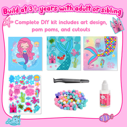 Craft Kits for Kids Girls Ages 3 4 5 6, DIY Mermaid Crafts with Pom Pom Balls, Fine Motor Skills Toys, Gifts for 3 4 5 6 Year Old Girls