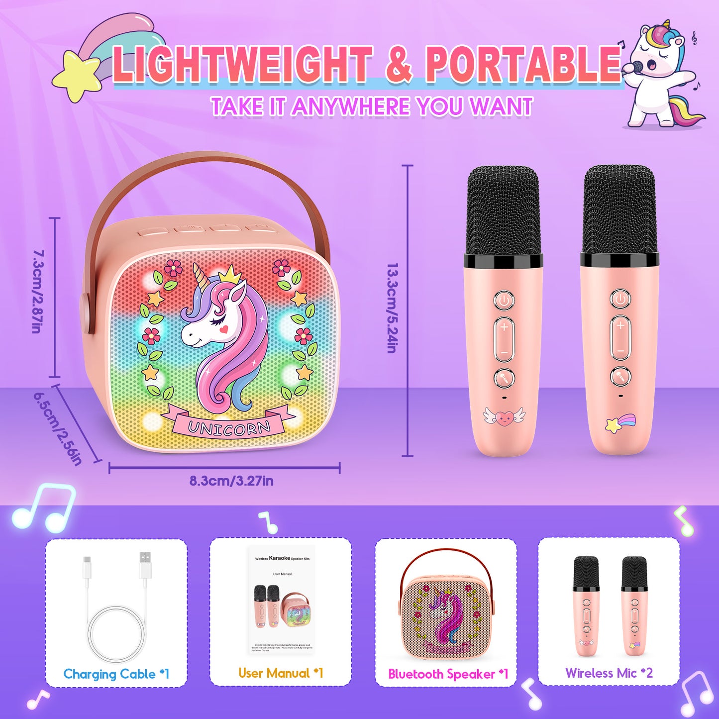 Mini Karaoke Machine for Kids, Birthday Gifts for 3 4 5 6 7 8 9 10 Year Old Girls, 2 Karaoke Microphones for Kids,Bluetooth Speaker, Gifts for Girls