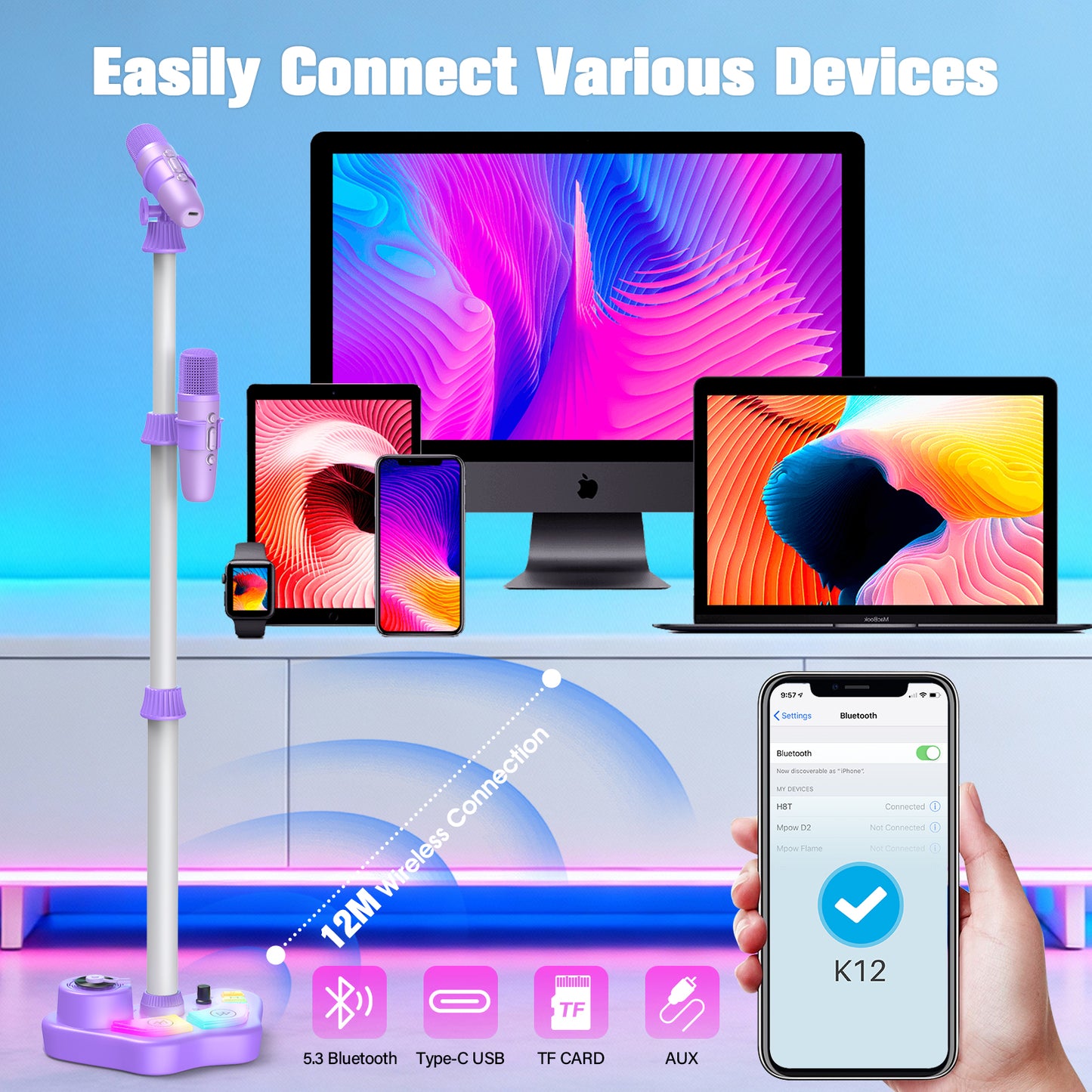 Kids Karaoke Machine with Adjustable Stand, Bluetooth Karaoke Microphone for Girls, Birthday Gift for 3-8 Year Old Girls for Christmas