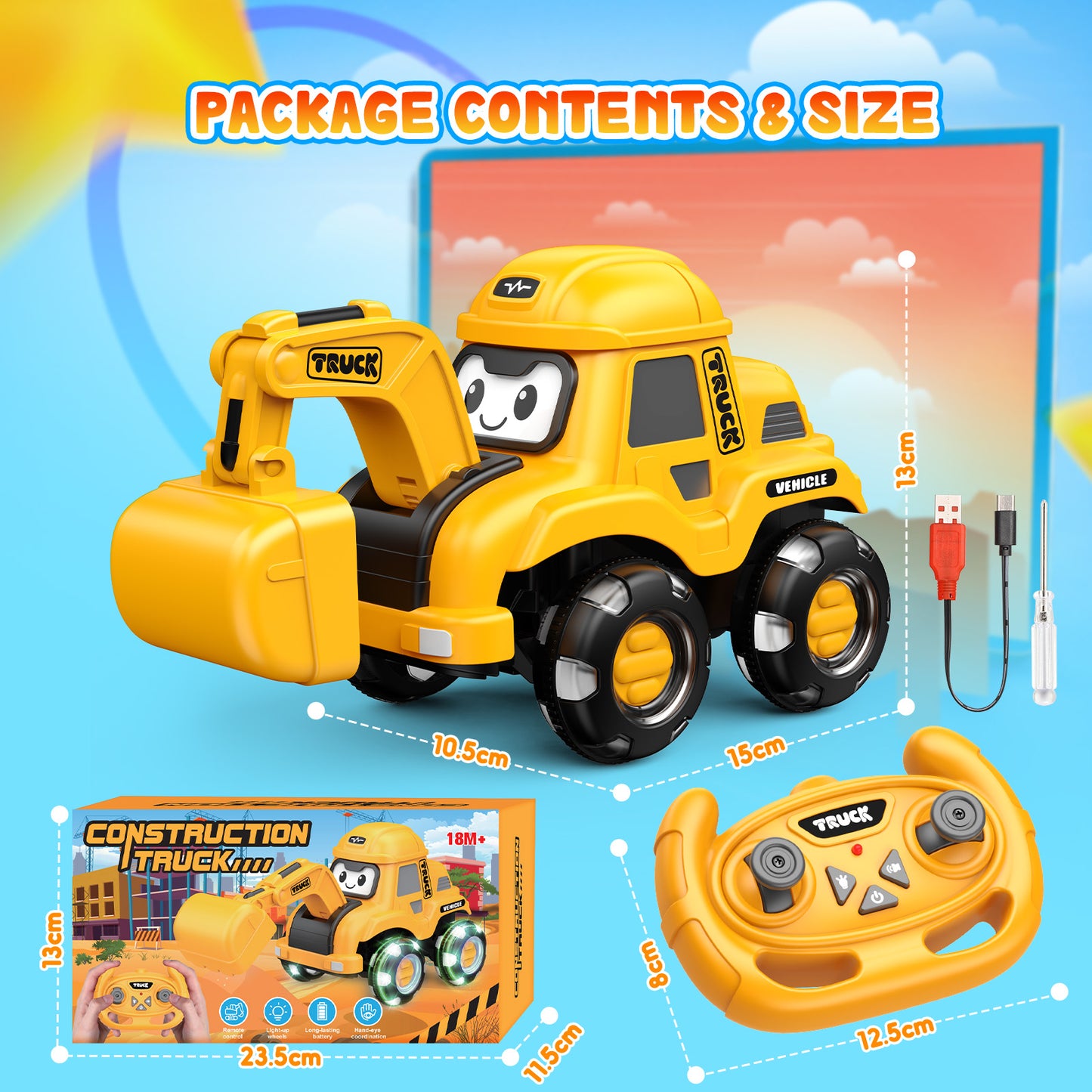 Remote Control Car for Kids Toddler, Construction Excavator Toy for 2 3 4 5 6 Year Old Boys