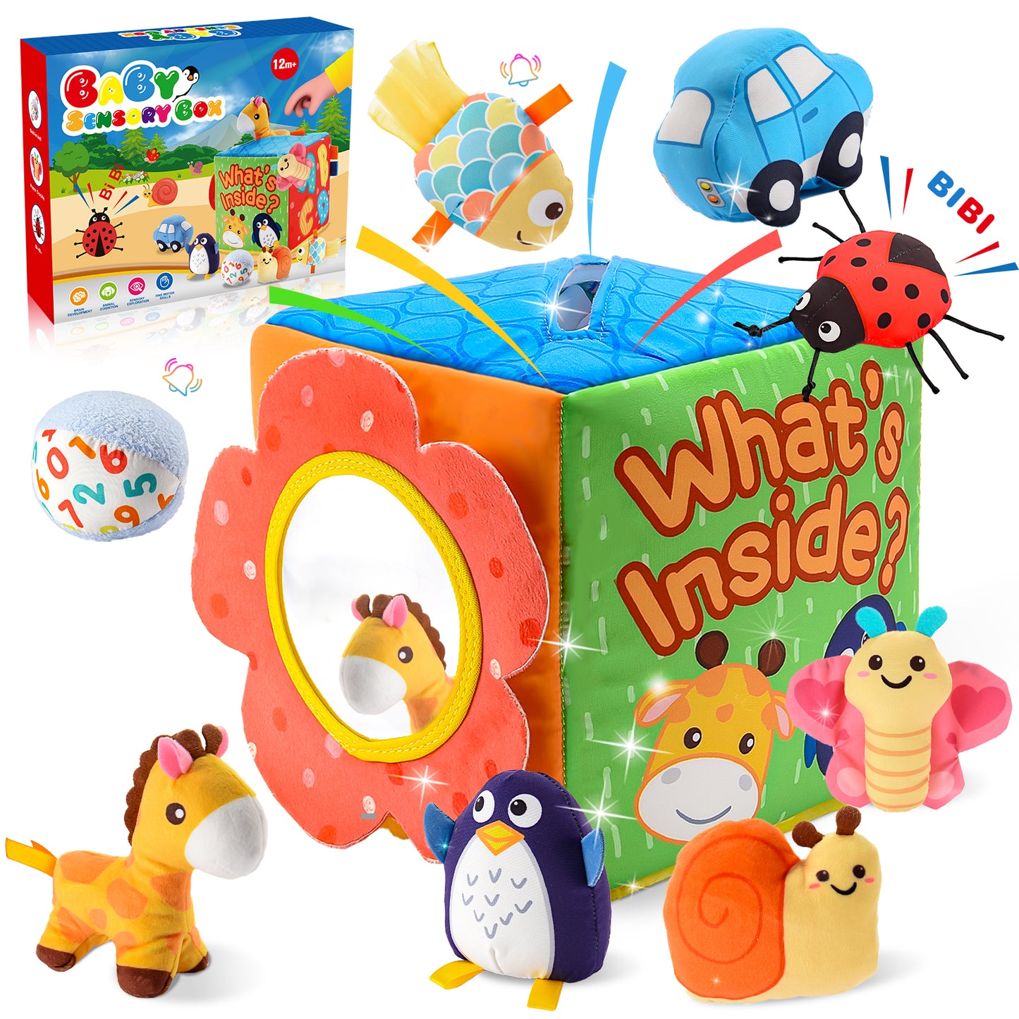 Baby Toys 12-18 Months, Sensory Toys for Baby, Soft Box Toy with 8 Animals