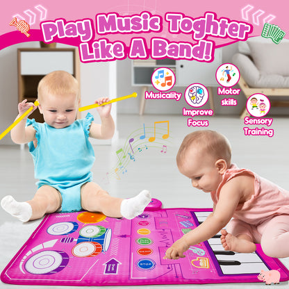 Musical Toys Baby Piano Mat 1 Year Old Girls Toys, Keyboard & Drum Musical Mat, Gifts for 1 2 3 Years Old Girls, Music Sensory Play Mat Toys for Girls Ages 1 2 3 4