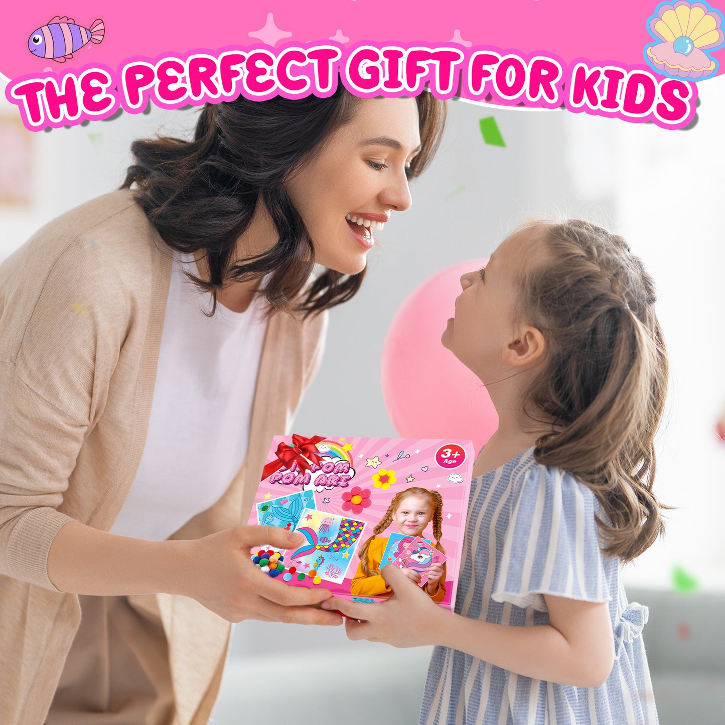 Craft Kits for Kids Girls Ages 3 4 5 6, DIY Mermaid Crafts with Pom Pom Balls, Fine Motor Skills Toys, Gifts for 3 4 5 6 Year Old Girls