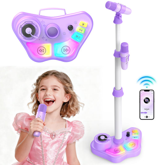 Kids Karaoke Machine with Adjustable Stand, Bluetooth Karaoke Microphone for Girls, Birthday Gift for 3-8 Year Old Girls for Christmas