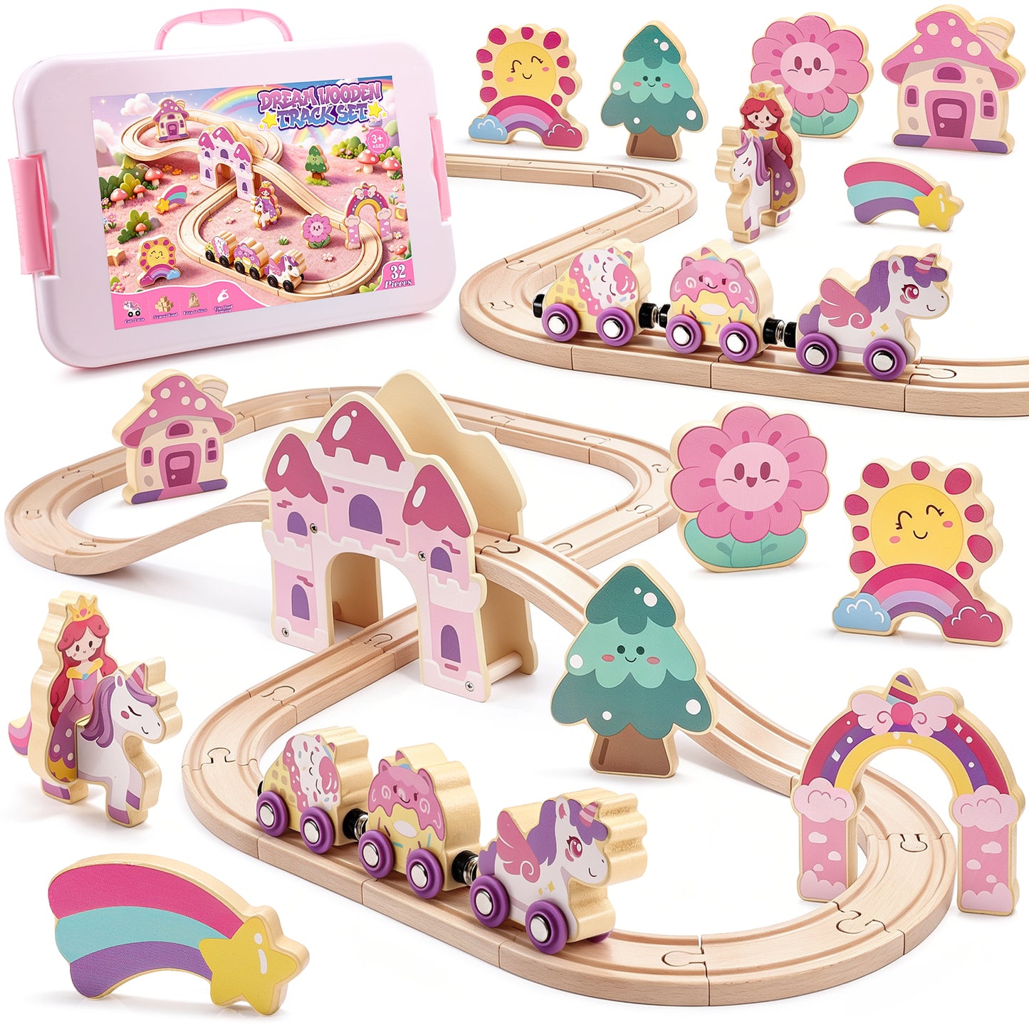 Wooden Train Set for Toddlers 2-4, Unicorn Toys for Girls Age 3 4 5 6, Girl Rack Track Car