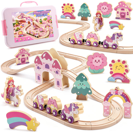 Wooden Train Set for Toddlers 2-4, Unicorn Toys for Girls Age 3 4 5 6, Girl Rack Track Car