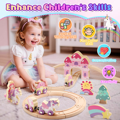 Wooden Train Set for Toddlers 2-4, Unicorn Toys for Girls Age 3 4 5 6, Girl Rack Track Car