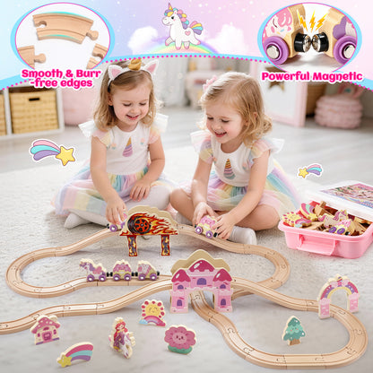 Wooden Train Set for Toddlers 2-4, Unicorn Toys for Girls Age 3 4 5 6, Girl Rack Track Car