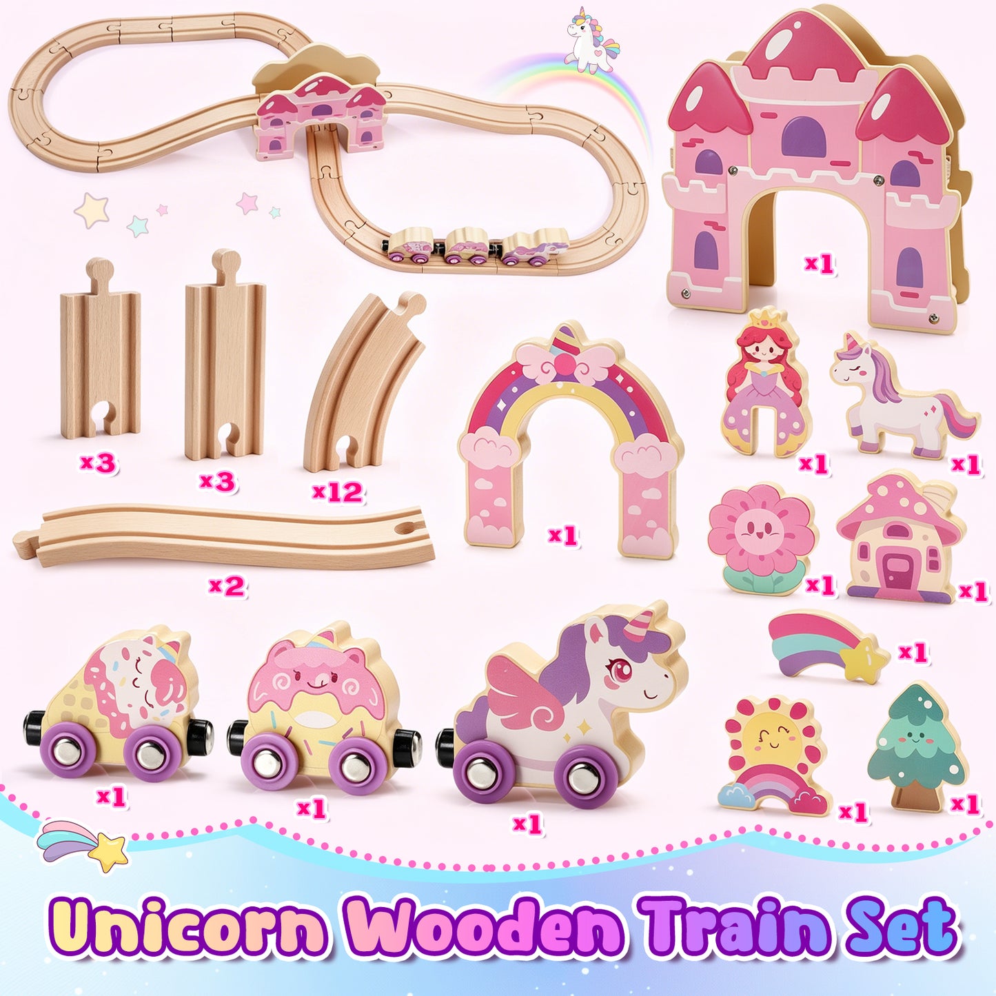 Wooden Train Set for Toddlers 2-4, Unicorn Toys for Girls Age 3 4 5 6, Girl Rack Track Car