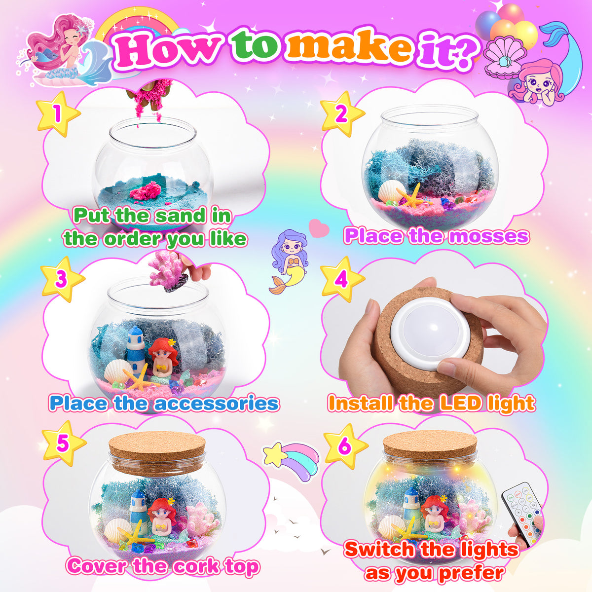 Craft Kits for Kids Girls Age 3-9, Light-up Mermaid Terrarium Kit for Kids, Gifts for 3 4 5 6 7 8 Year Old Girls