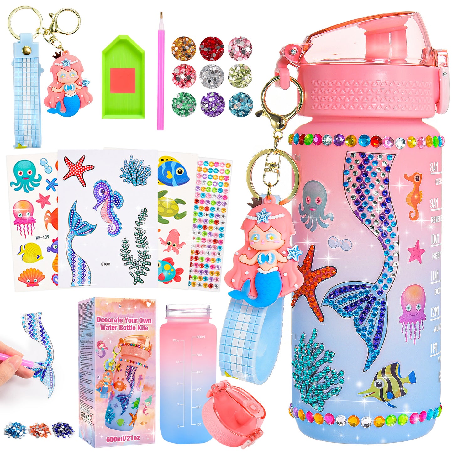 ATOPDREAM Decorate Your Own Water Bottle for Girls, Gifts for 5 6 7 8 9 Year Old Girls, Mermaid Themed Craft Kits for Girls Ages 6-8, Mermaid Painting Craft